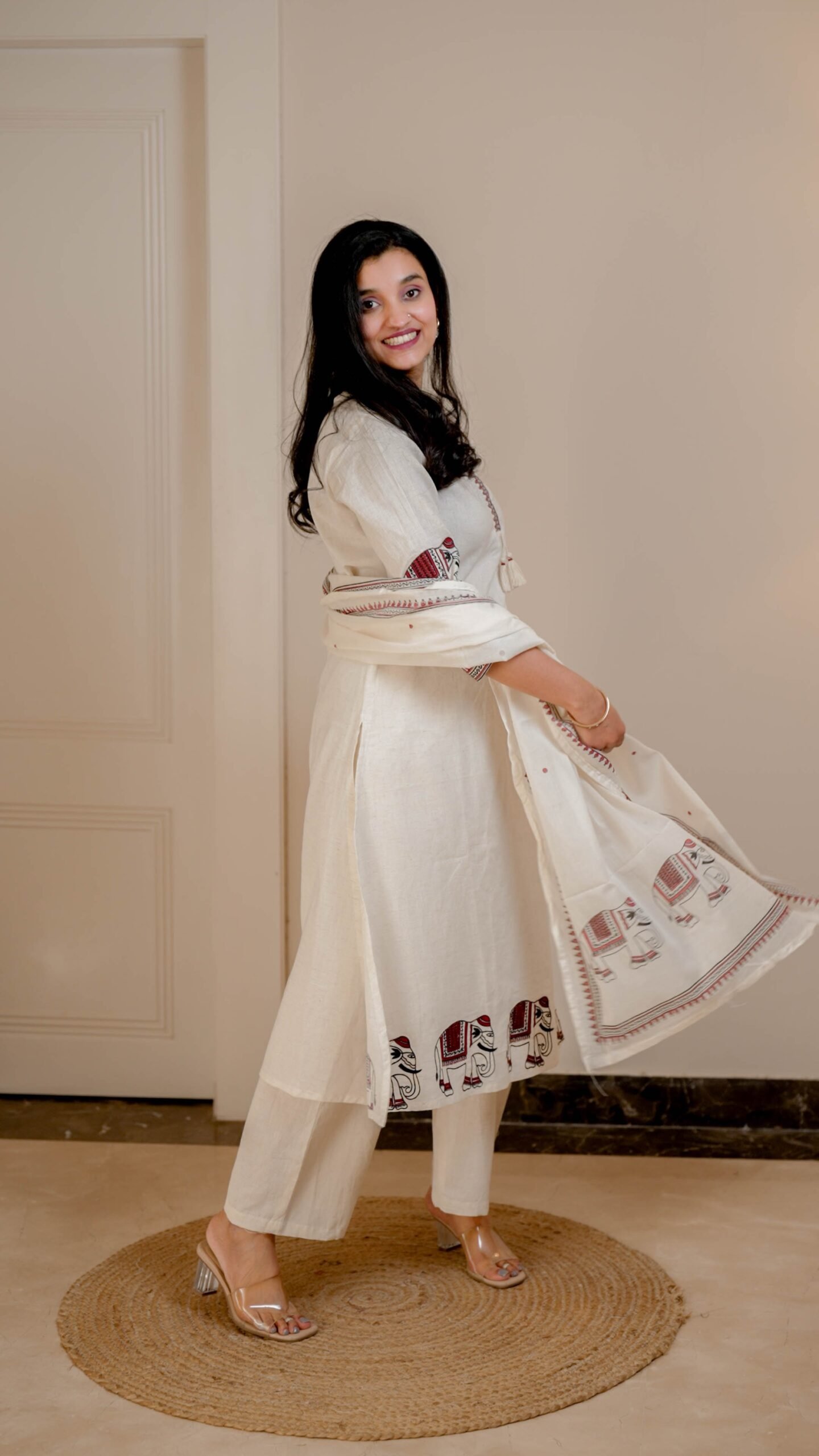 Shiya Embroidered Cotton Set- Off White Red - Image 6