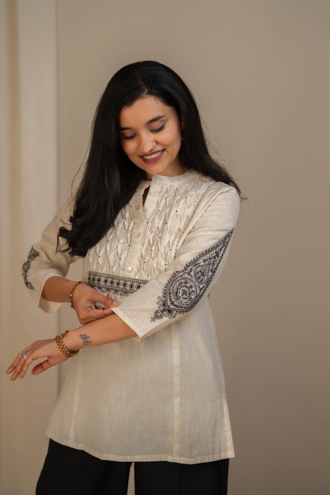Rio Ruching Slub Cotton Top- Off White - Image 6