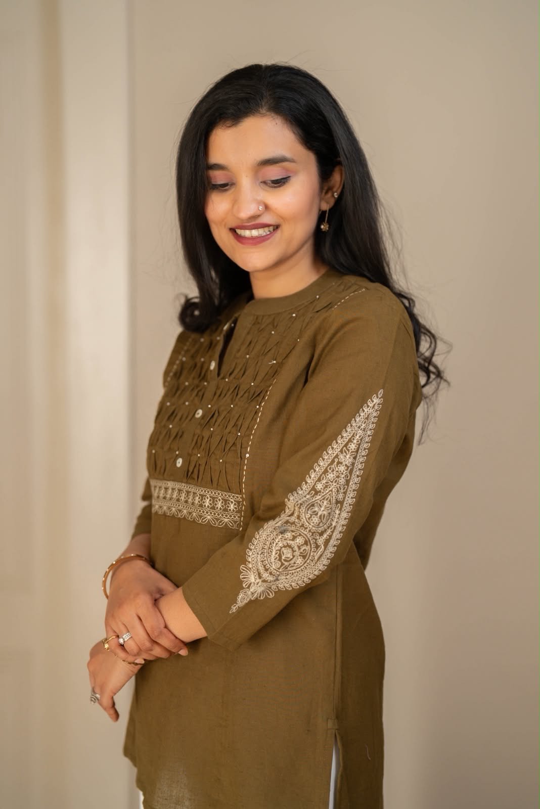 Rio Ruching Slub Cotton Top- Olive - Image 4