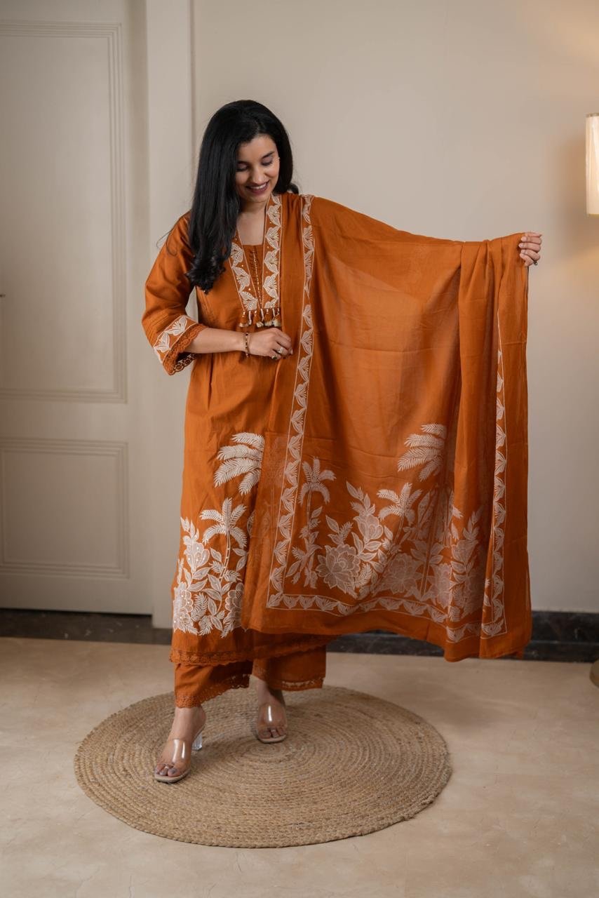 Paro Embroidered Luxe Cotton Set- Rust - Image 4