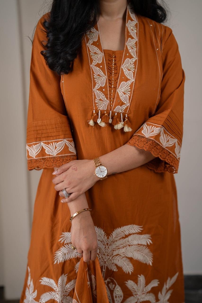 Paro Embroidered Luxe Cotton Set- Rust - Image 6