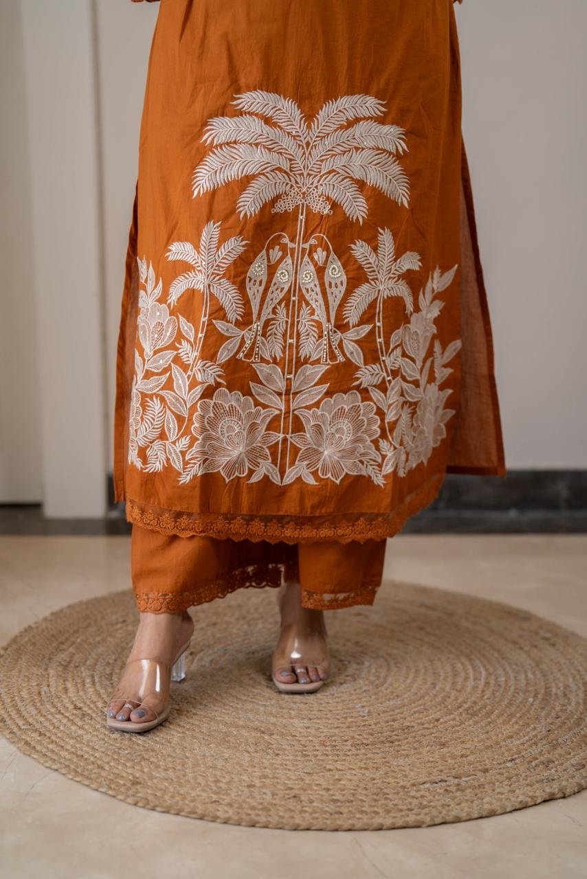 Paro Embroidered Luxe Cotton Set- Rust - Image 5