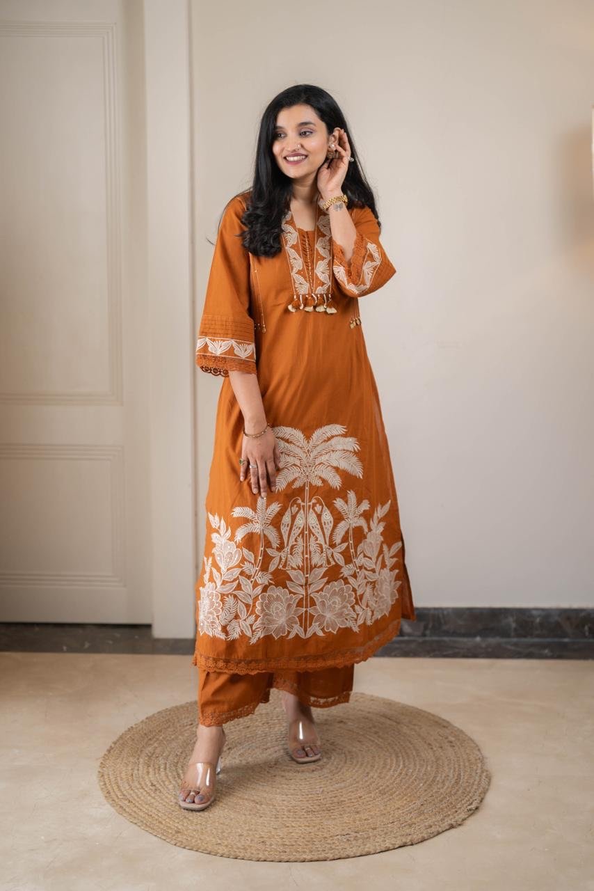 Paro Embroidered Luxe Cotton Set- Rust - Image 7