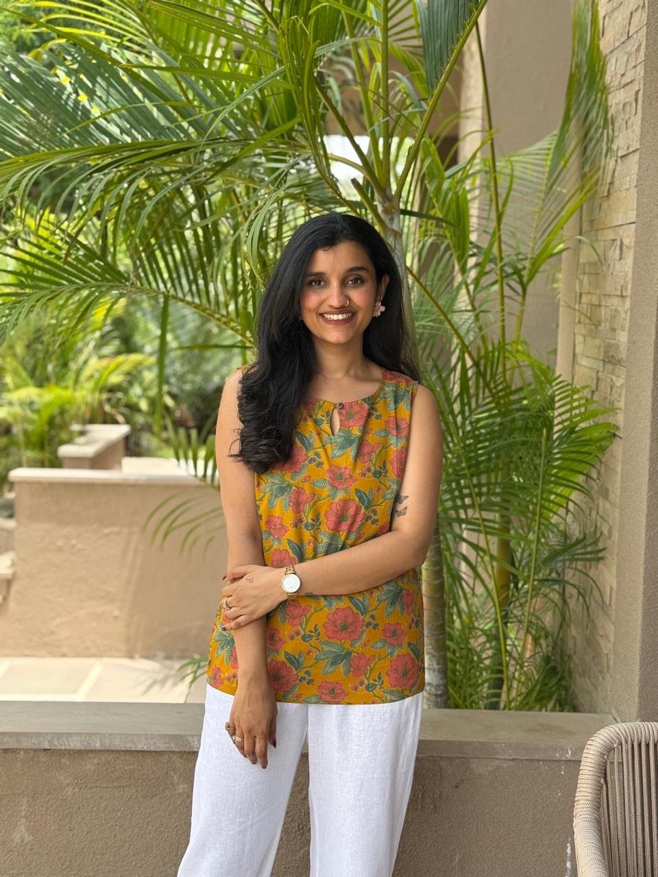 Lily 2.0 Sleeveless Cotton Top- Mustard Florals