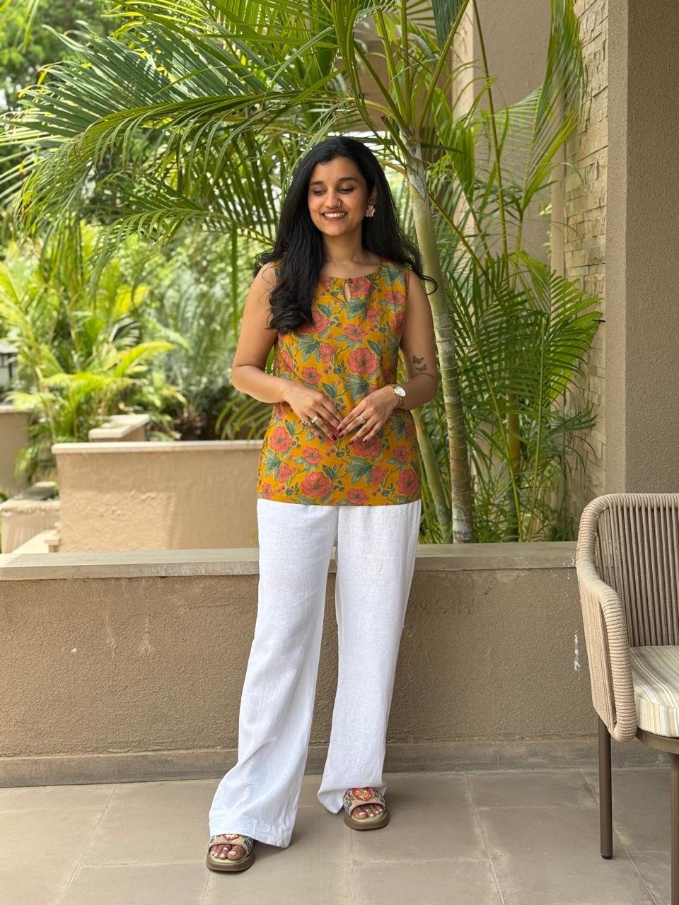 Lily 2.0 Sleeveless Cotton Top- Mustard Florals - Image 4