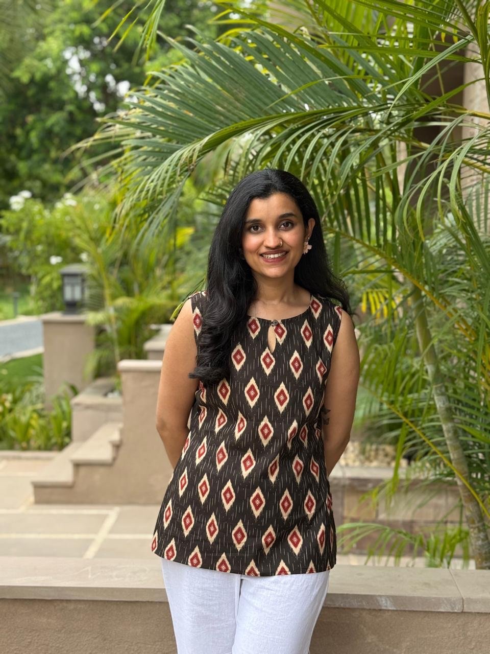 Lily 2.0 Sleeveless Cotton Top- Black Ikkat - Image 3